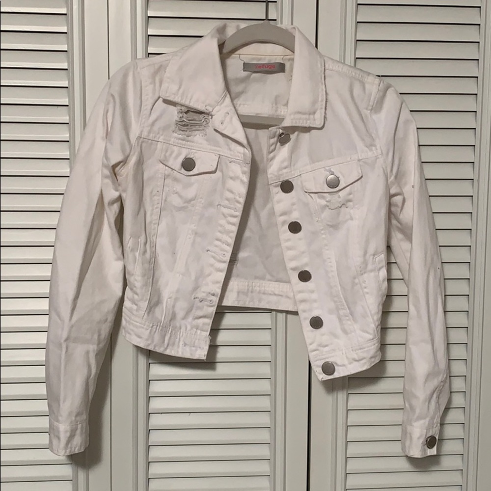 Distressed white denim jacket
